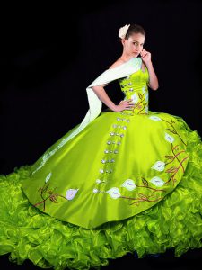 Organza Sweetheart Sleeveless Brush Train Lace Up Embroidery and Ruffles Quinceanera Dress in Yellow Green
