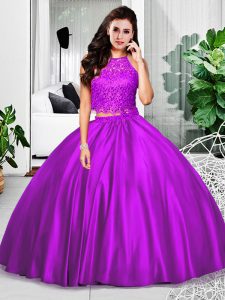 Nice Sleeveless Taffeta Floor Length Zipper Sweet 16 Dress in Eggplant Purple with Lace and Ruching