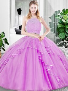 Lilac Tulle Zipper Scoop Sleeveless Floor Length Ball Gown Prom Dress Lace and Ruffled Layers