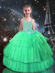 Beauteous Apple Green Sleeveless Beading and Ruffled Layers Floor Length Pageant Dress for Teens