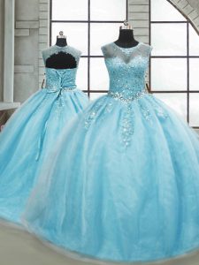 Ball Gowns Sleeveless Aqua Blue Ball Gown Prom Dress Brush Train Lace Up