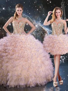 Custom Fit Peach Organza Lace Up Sweet 16 Dresses Sleeveless Floor Length Beading and Ruffles