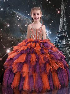 Most Popular Rust Red Straps Lace Up Beading and Ruffles Kids Pageant Dress Sleeveless