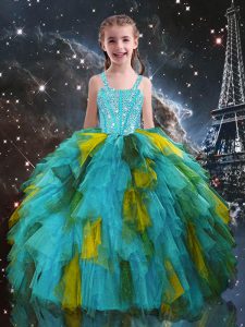 Classical Floor Length Aqua Blue Little Girls Pageant Gowns Straps Short Sleeves Lace Up