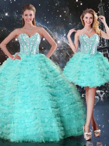 Delicate Sleeveless Organza Floor Length Lace Up Quinceanera Dresses in Turquoise with Beading and Ruffled Layers