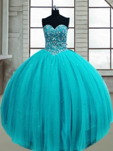 Customized Tulle Sweetheart Sleeveless Lace Up Beading Ball Gown Prom Dress in Aqua Blue