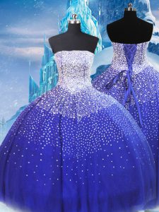 Decent Blue Sweet 16 Dress Military Ball and Sweet 16 and Quinceanera with Beading Strapless Sleeveless Lace Up