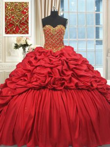 Red Taffeta Lace Up Sweetheart Sleeveless Quinceanera Gowns Brush Train Beading and Pick Ups