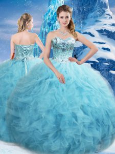 Vintage Aqua Blue Sweetheart Lace Up Beading and Pick Ups Quince Ball Gowns Sleeveless