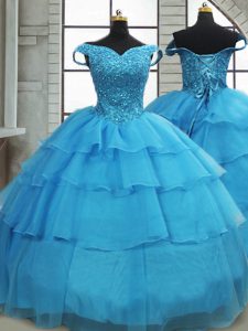 Baby Blue Off The Shoulder Neckline Beading and Ruffled Layers Quinceanera Dress Sleeveless Lace Up