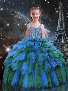 Hot Selling Blue High School Pageant Dress Quinceanera and Wedding Party with Beading and Ruffles Straps Sleeveless Lace Up
