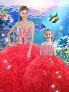Coral Red Ball Gowns Beading and Ruffles Sweet 16 Dress Lace Up Organza Sleeveless Floor Length