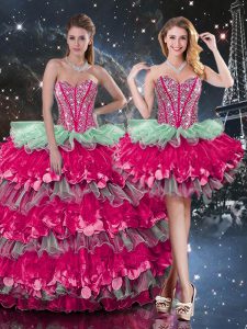 Classical Sleeveless Floor Length Beading and Ruffles and Ruffled Layers Lace Up Quinceanera Gowns with Multi-color