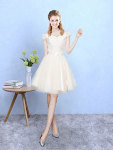 Knee Length Champagne Dama Dress for Quinceanera Off The Shoulder Cap Sleeves Lace Up
