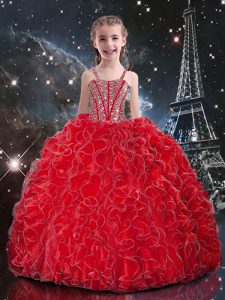 Excellent Beading and Ruffles Pageant Dress Toddler Coral Red Lace Up Sleeveless Floor Length