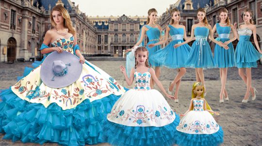 Fancy Baby Blue Ball Gowns Sweetheart Sleeveless Organza Floor Length Lace Up Embroidery and Ruffled Layers 15th Birthday Dress