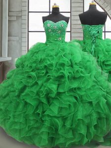 Wonderful Organza Sweetheart Sleeveless Lace Up Beading and Ruffles Sweet 16 Dresses in Green
