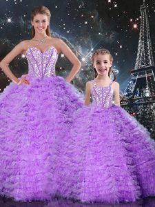 Lavender Tulle Lace Up Sweetheart Sleeveless Floor Length Ball Gown Prom Dress Beading and Ruffles