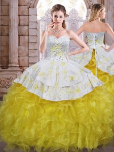 Yellow And White Lace Up Sweetheart Beading and Appliques and Ruffles 15th Birthday Dress Organza Sleeveless