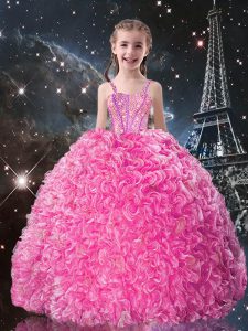 Lovely Rose Pink Ball Gowns Organza Straps Sleeveless Beading and Ruffles Floor Length Lace Up Pageant Dress