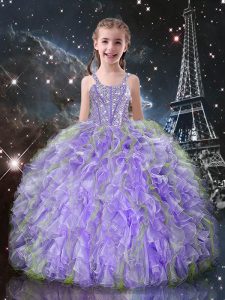 Wonderful Floor Length Lilac Pageant Dress for Girls Organza Sleeveless Beading and Ruffles