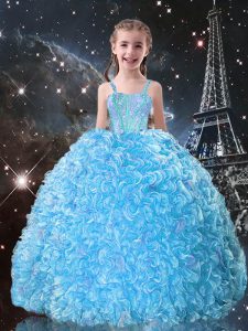 Modern Floor Length Lace Up Kids Formal Wear Aqua Blue for Quinceanera and Wedding Party with Beading and Ruffles
