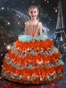 Modern Multi-color Ball Gowns Organza Straps Sleeveless Beading and Ruffled Layers Floor Length Lace Up Child Pageant Dress