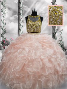 Exceptional Peach Quince Ball Gowns Military Ball and Sweet 16 and Quinceanera with Beading and Ruffles Scoop Sleeveless Zipper