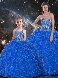 Blue Organza Lace Up Sweetheart Sleeveless Floor Length Vestidos de Quinceanera Beading and Ruffles