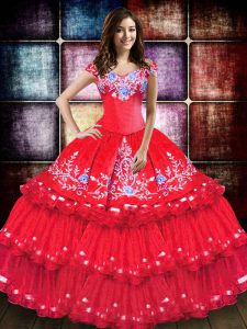 Coral Red Taffeta Lace Up Quinceanera Dress Sleeveless Floor Length Embroidery and Ruffled Layers