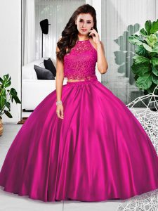 Modern Fuchsia Taffeta Zipper Sweet 16 Dresses Sleeveless Floor Length Lace and Ruching