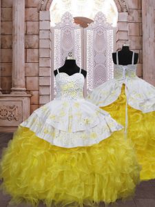 Gold Ball Gowns Embroidery and Ruffles Little Girl Pageant Gowns Lace Up Organza Sleeveless