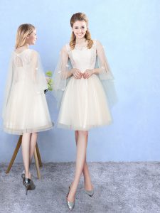 Glamorous Champagne Lace Up Square Lace Dama Dress Tulle Half Sleeves