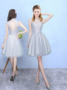 Modest Knee Length Lace Up Dama Dress for Quinceanera Silver for Wedding Party with Lace