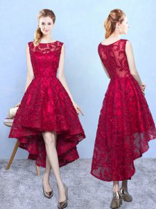 Flare Burgundy Scoop Neckline Lace Dama Dress for Quinceanera Sleeveless Zipper