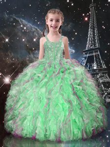 Most Popular Organza Straps Sleeveless Lace Up Beading and Ruffles Pageant Dresses in Apple Green