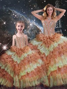 Customized Sleeveless Beading and Ruffled Layers and Sequins Lace Up Quince Ball Gowns