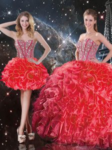 Coral Red Sleeveless Floor Length Beading and Ruffles Lace Up 15 Quinceanera Dress