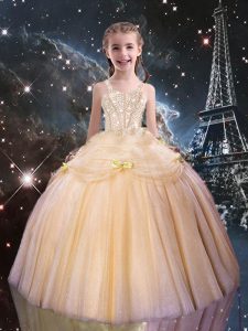 Perfect Sleeveless Tulle Floor Length Lace Up Kids Formal Wear in Peach with Beading