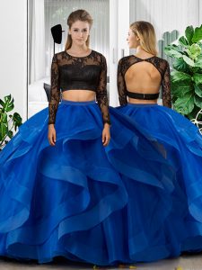 Floor Length Two Pieces Long Sleeves Blue Quinceanera Dress Backless