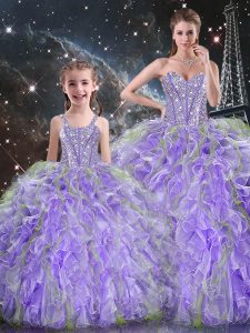 Clearance Lavender Organza Lace Up Quince Ball Gowns Sleeveless Floor Length Beading and Ruffles