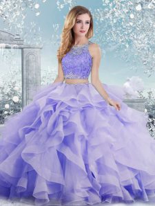 Perfect Lavender Clasp Handle Scoop Beading and Ruffles Quinceanera Gowns Organza Sleeveless