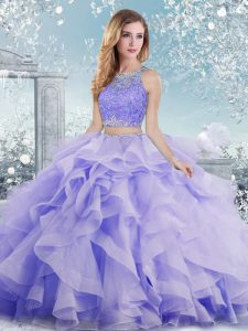 Perfect Lavender Clasp Handle Scoop Beading and Ruffles Quinceanera Gowns Organza Sleeveless