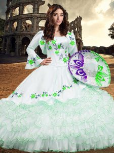 White Lace Up Square Embroidery and Ruffled Layers 15 Quinceanera Dress Organza Long Sleeves