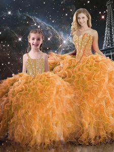 Wonderful Orange Ball Gowns Beading and Ruffles Sweet 16 Dresses Lace Up Organza Sleeveless Floor Length