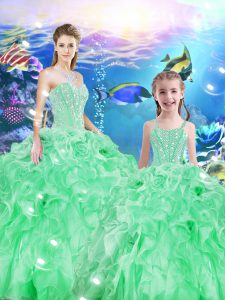 Fantastic Apple Green Ball Gowns Beading and Ruffles Quinceanera Gown Lace Up Organza Sleeveless Floor Length