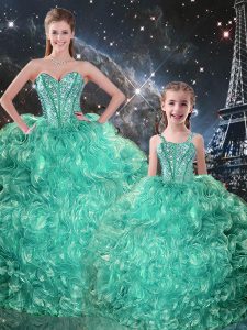 Turquoise Organza Lace Up Sweetheart Sleeveless Floor Length Sweet 16 Quinceanera Dress Beading and Ruffles