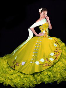 Brush Train Ball Gowns Vestidos de Quinceanera Gold Sweetheart Organza Sleeveless Lace Up