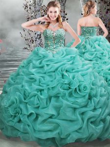 Inexpensive Turquoise Quince Ball Gowns Organza Brush Train Sleeveless Beading and Pick Ups