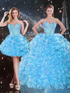 Clearance Sleeveless Organza Floor Length Lace Up Quinceanera Dress in Baby Blue with Beading and Ruffles